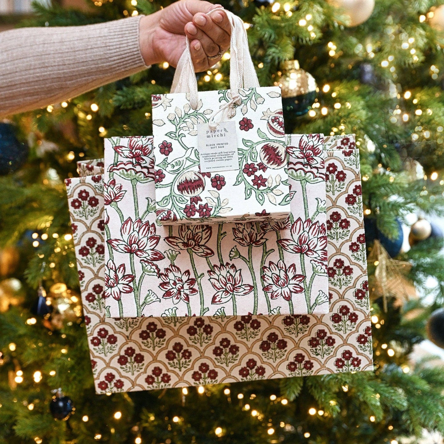Block Printed Gift Bags (Small) - Cherry