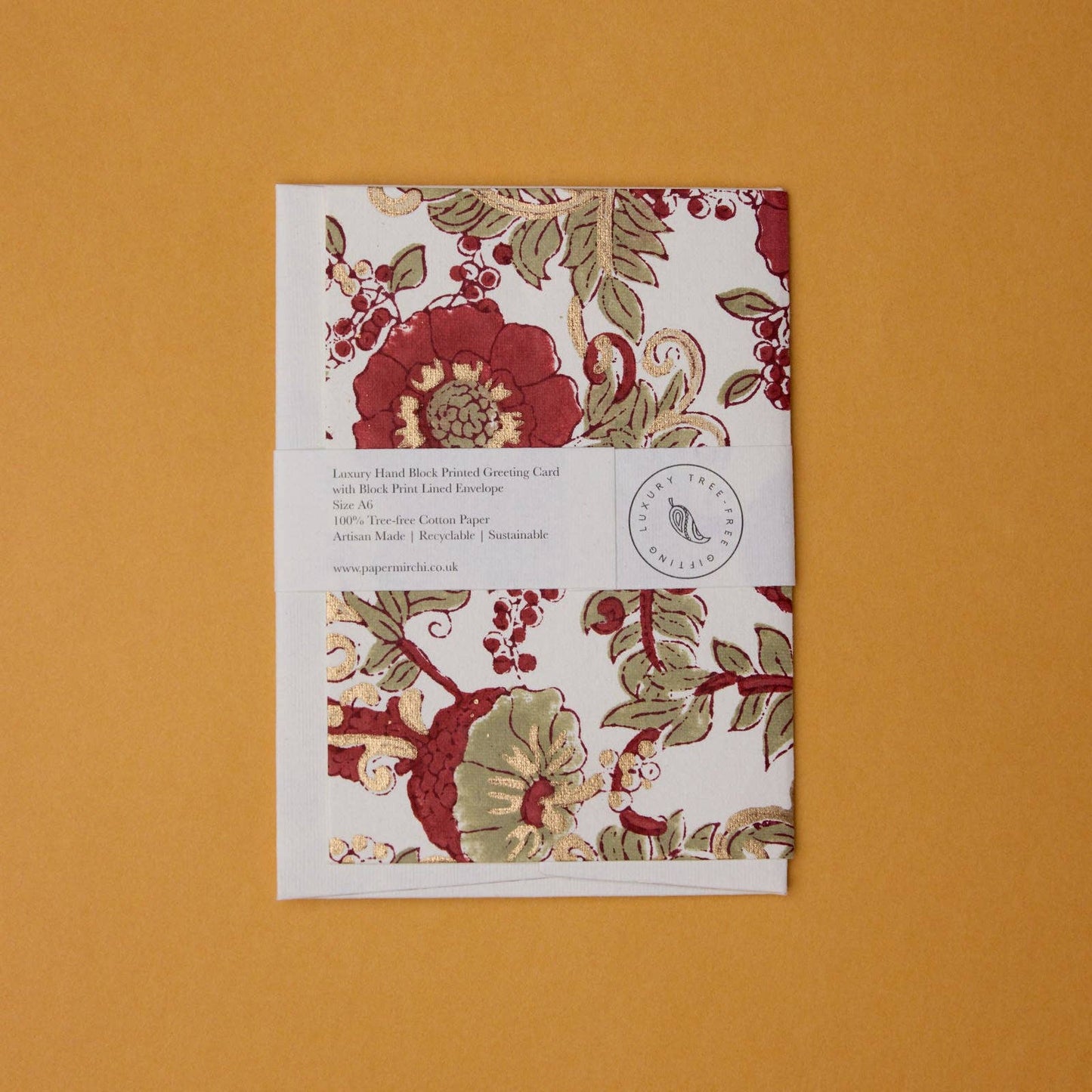 Block Printed Greeting Card - Wild Rose Winter Red
