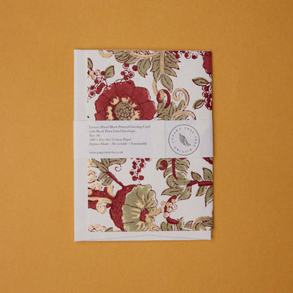 Block Printed Greeting Card - Wild Rose Winter Red
