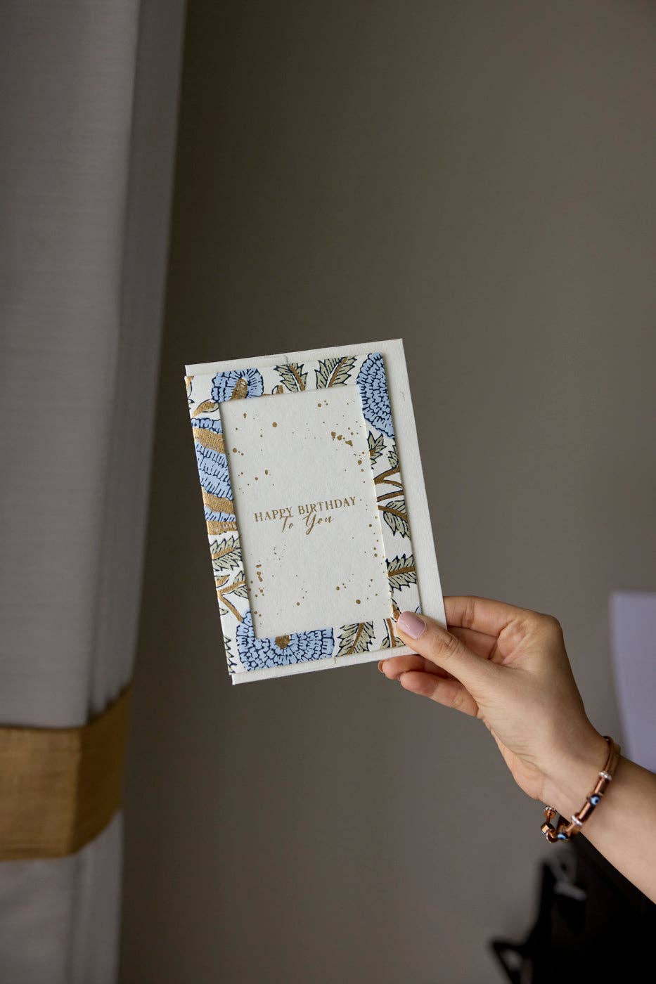 Keepsake Block Printed Greeting Card - Photo frame Marigold Glitz Blue Stone