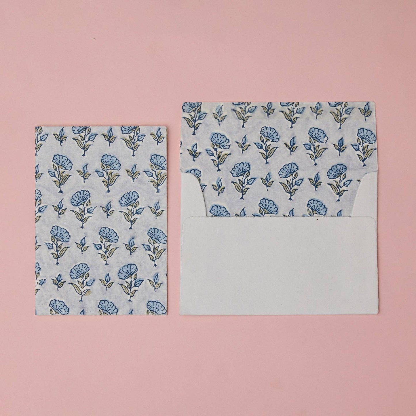 Block Printed Greeting Card - Ditsy Floral Blue Stone