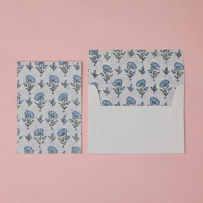 Block Printed Greeting Card - Ditsy Floral Blue Stone