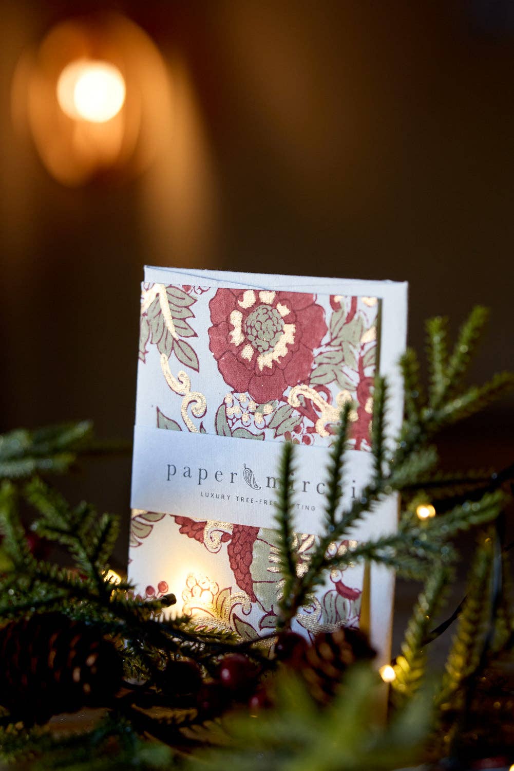 Block Printed Greeting Card - Wild Rose Winter Red