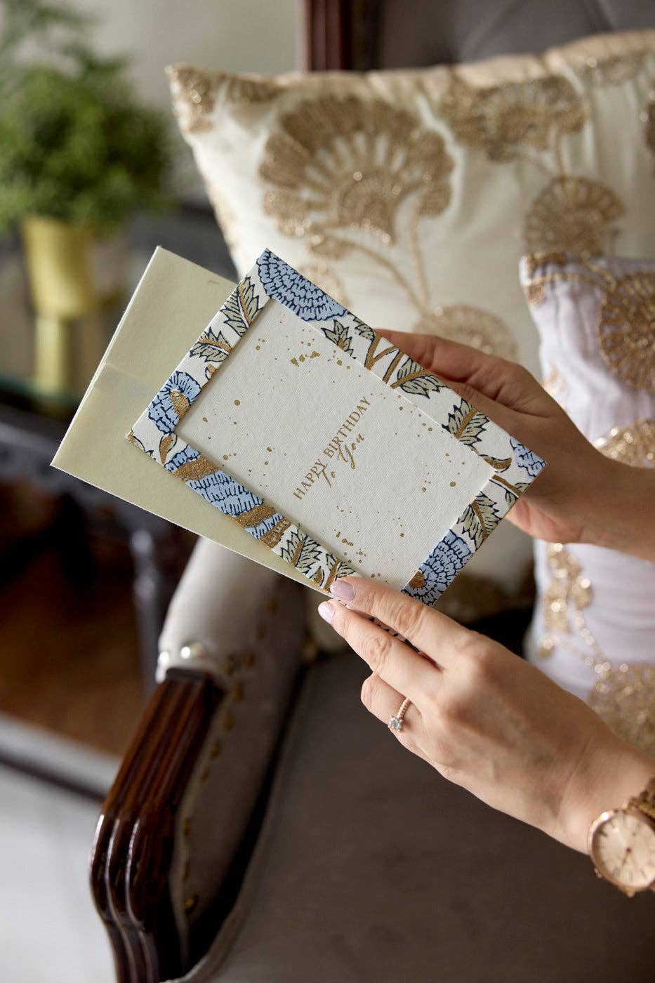 Keepsake Block Printed Greeting Card - Photo frame Marigold Glitz Blue Stone
