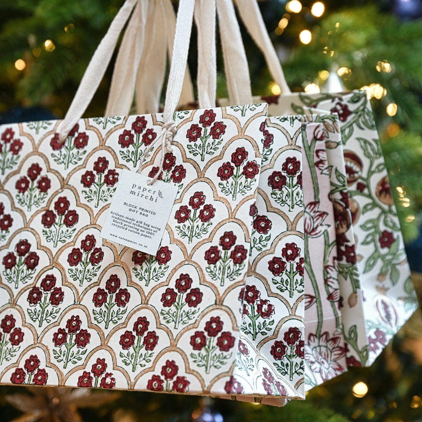 Block Printed Gift Bags (Large) - Cherry