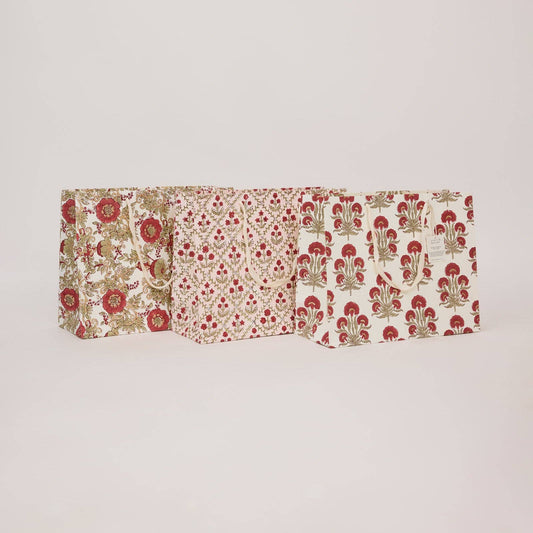 Block Printed Gift Bags (Large) - Winter Red