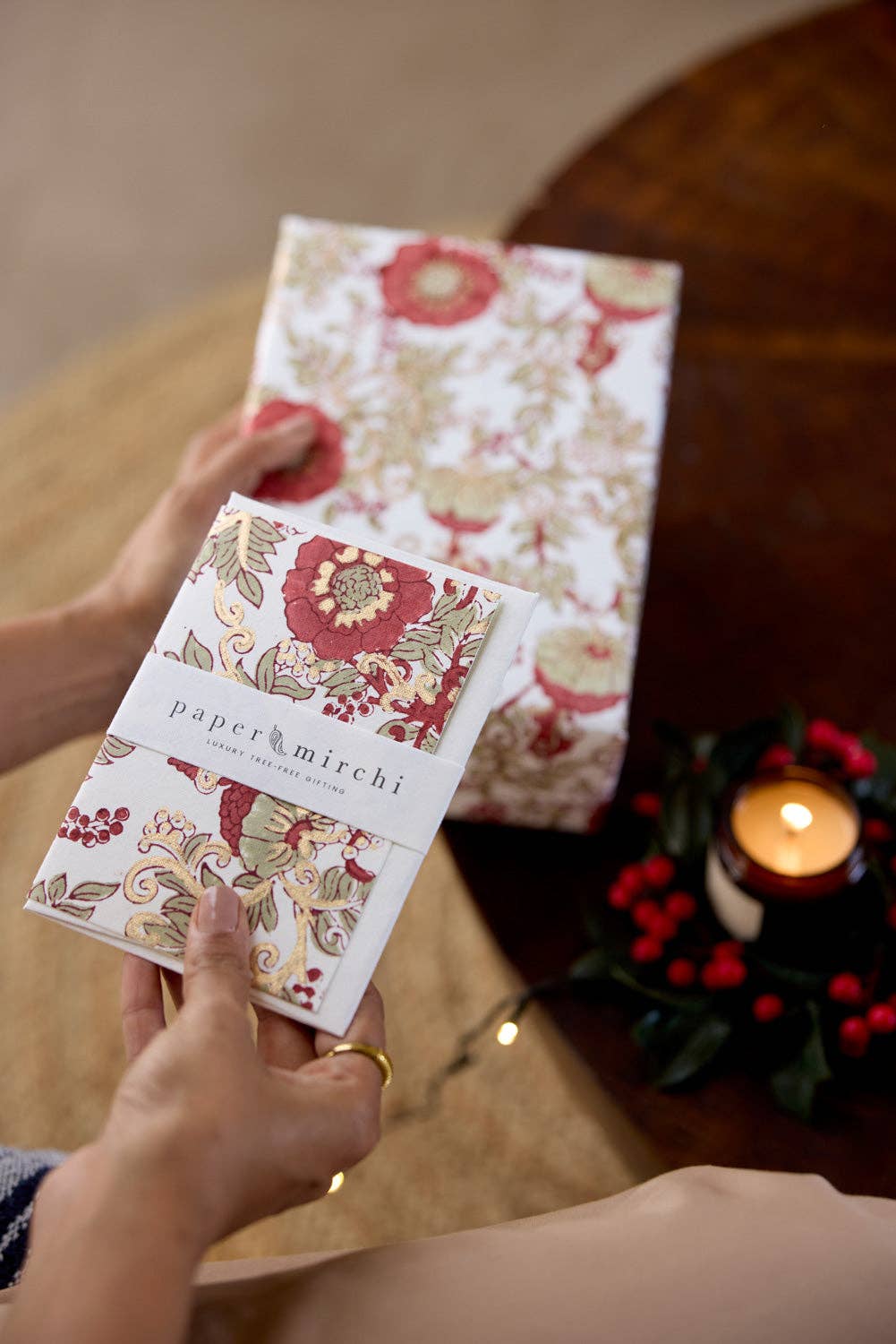 Block Printed Greeting Card - Wild Rose Winter Red