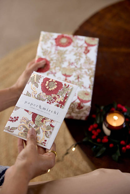 Block Printed Greeting Card - Wild Rose Winter Red