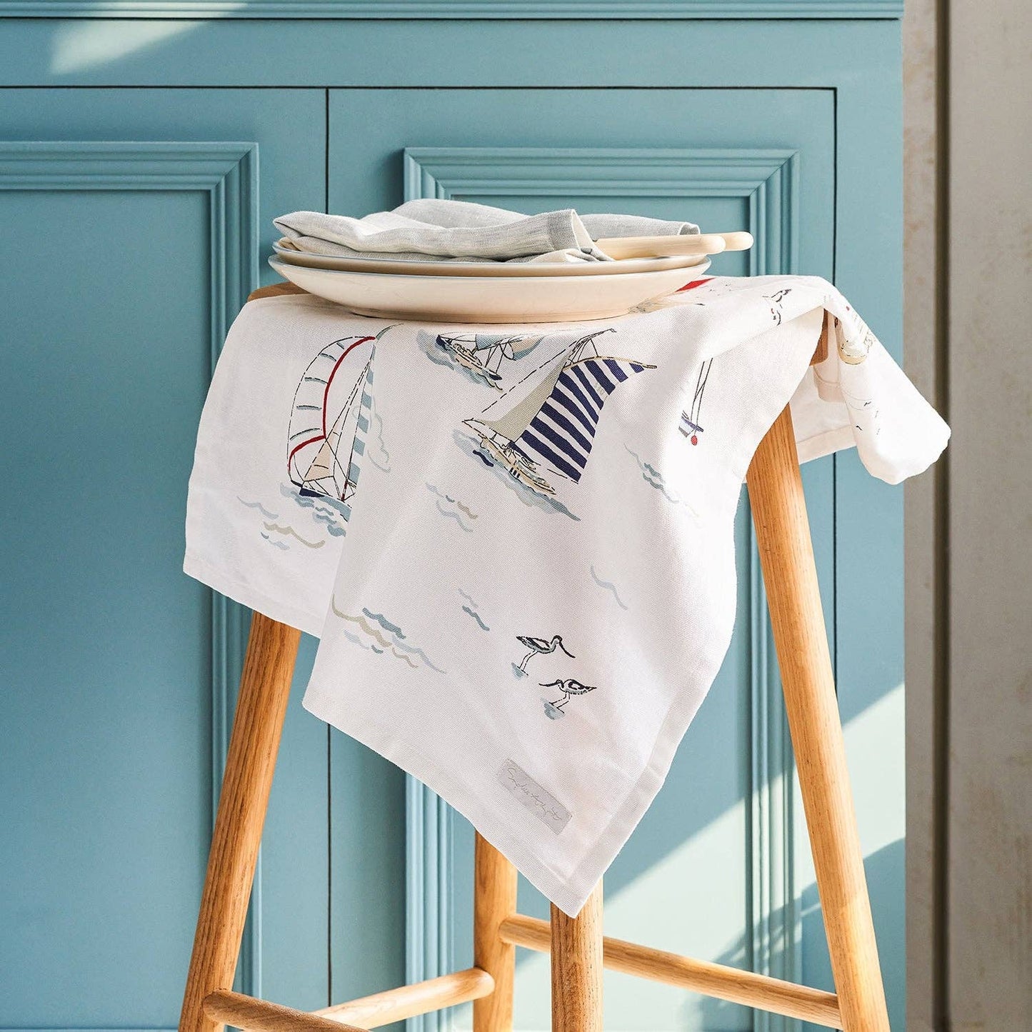 Coastal Boats Scene Tea Towel