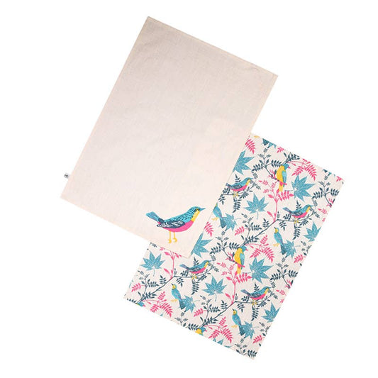 RHS Birds Organic Cotton Set of 2 Tea Towels - Stone
